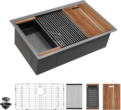 28"x18" Undermount Black Kitchen Sink Workstation – Gunmetal Black NANO-PVD, 16 Gauge 304 Stainless Steel, Under Counter Round Corners Single Bowl Sink Basin