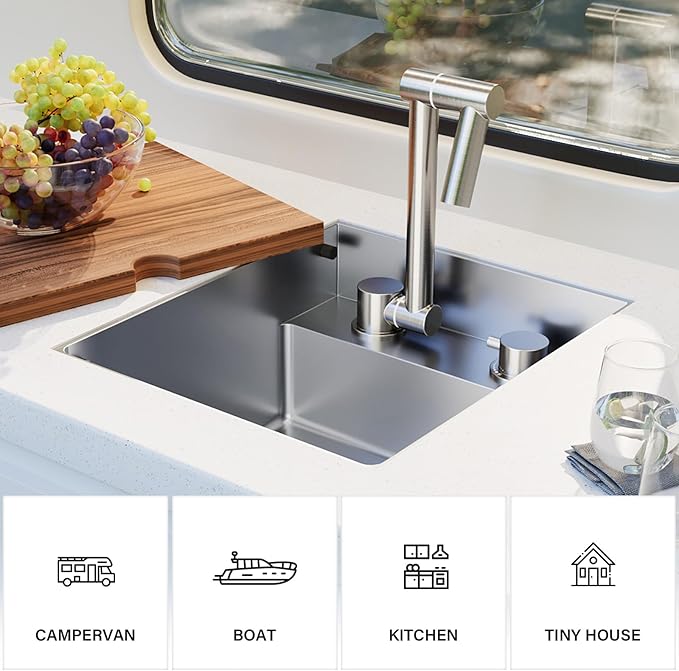 TORVA RV Kitchen Sink, 13 x 15 x 7 Inch Undermount Bar Sink 16 Gauge Stainless Steel Single Bowl Sink with Foldable Faucet Cutting Board, Grey