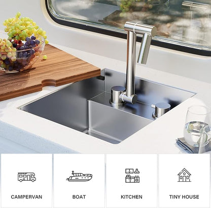 TORVA RV Kitchen Sink, 13 x 15 x 7 Inch Undermount Bar Sink 16 Gauge Stainless Steel Single Bowl Sink with Foldable Faucet Cutting Board, Grey