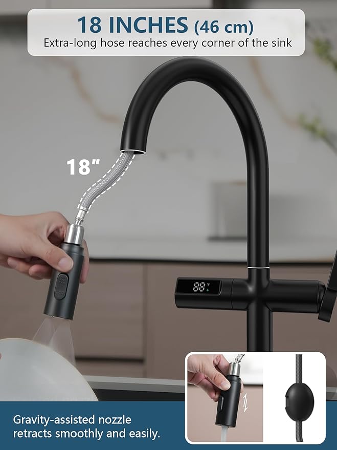 Lefton Touchless Pull-Out Kitchen Faucet, Hands Free Motion Sensor Activated, Battery-Free Temperature Display, KF2206 (Contemporary, Matte Black)