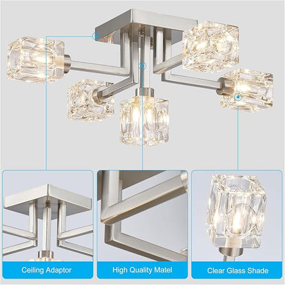 XINGQI Modern Sputnik Chandeliers Brushed Nickel Semi Flush Mount Ceiling Light Fixture 5-Light for Dining Room Living Room Kitchen Bedroom Entryway