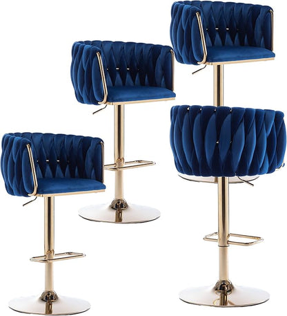 Rhomtree 24-32 Inch Swivel Bar Stools, Adjustable Counter Height Barstools with Nailheads Trim, Velvet Woven Tufted Back and Golden Footrest, Upholstered Bar Chairs Bar Kitchen Island(Navy Set of 4)