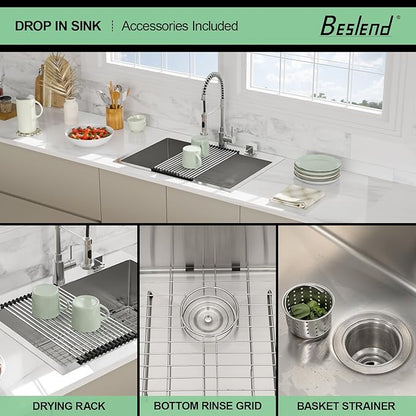 28 Drop In Kitchen Sink - Beslend 28x22 Inch Topmount Sinks Stainless Steel Kitchen Basin 16 Gauge Handmade Single Bowl Top Mount Sink