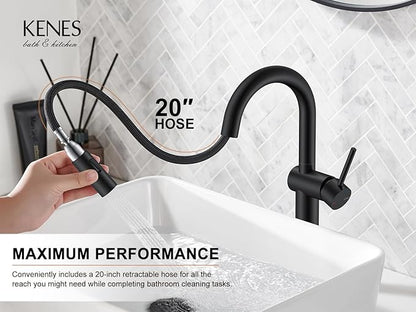 KENES Matte Black Tall Bathroom Faucet with Pull Out Sprayer, Pull Down Vessel Sink Faucet 1 Hole, Single Handle High Vanity Faucet with Pop Up Drain & Supply Lines, LJ-9065A-2