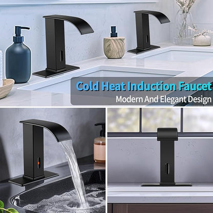 Touchless Sensor Bathroom Sink Faucet for 1 Hole, Waterfall Automatic Hands-Free Matte Black Lavatory Faucets, Easy Installation, Smart Infrared Modern Design for Home Commercial, Battery Powered