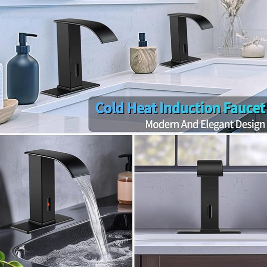 Touchless Sensor Bathroom Sink Faucet for 1 Hole, Waterfall Automatic Hands-Free Matte Black Lavatory Faucets, Easy Installation, Smart Infrared Modern Design for Home Commercial, Battery Powered
