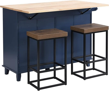 Farmhouse Kitchen Island Set with 2 Stools and Drop Leaf Dining Table with Storage Cabinet, Drawers and Towel Rack for Small Place (Blue+Black+Brown*)