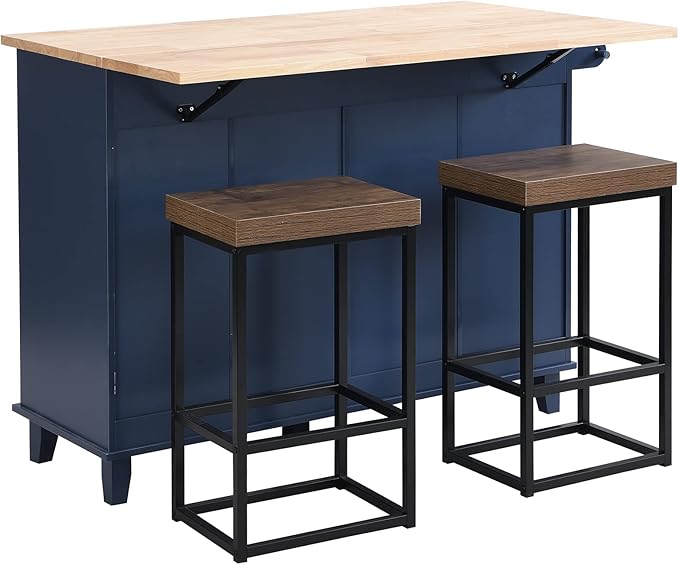 GOWE TOPMAX Farmhouse Kitchen Island Set with Drop Leaf and 2 Seatings,Dining Table Set with Storage Cabinet, Drawers and Towel Rack, Blue+Black+Brown
