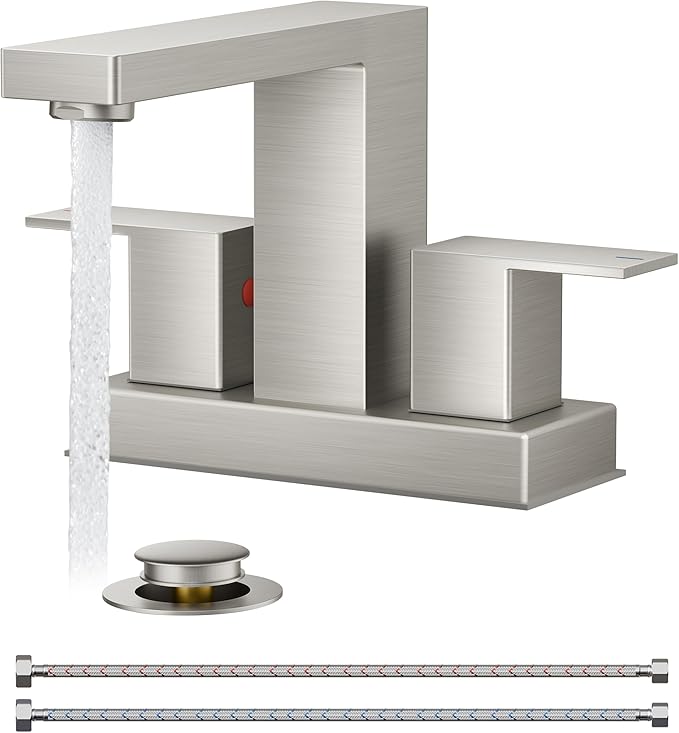 QFN 4 Inch Centerset Bathroom Faucets, Brushed Nickel 2 or 3 Hole Square Bathroom Sink Faucet with Pop-Up Drain and cUPC Supply Line, 2 Handles Suitable for Bath Sink, Vanity, Restroom