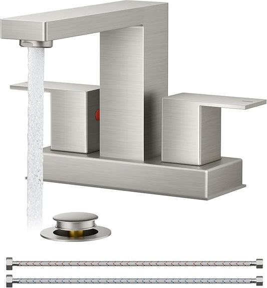 QFN 4 Inch Centerset Bathroom Faucets, Brushed Nickel 2 or 3 Hole Square Bathroom Sink Faucet with Pop-Up Drain and cUPC Supply Line, 2 Handles Suitable for Bath Sink, Vanity, Restroom