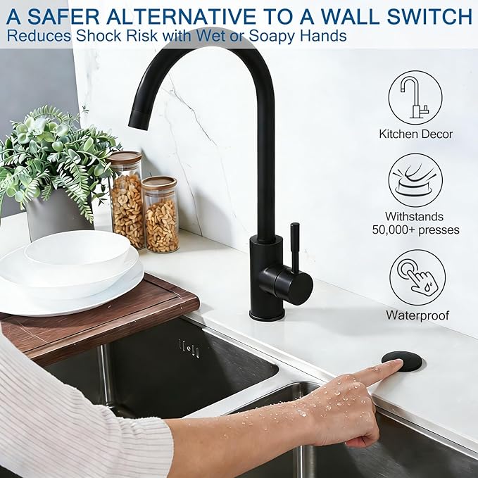 BESTILL Garbage Disposal Air Switch Kit - All Metal, UL Listed Long Push Button for Waste Disposer, Single Outlet Sink Top Solid Brass Air On/Off Button, Matte Black