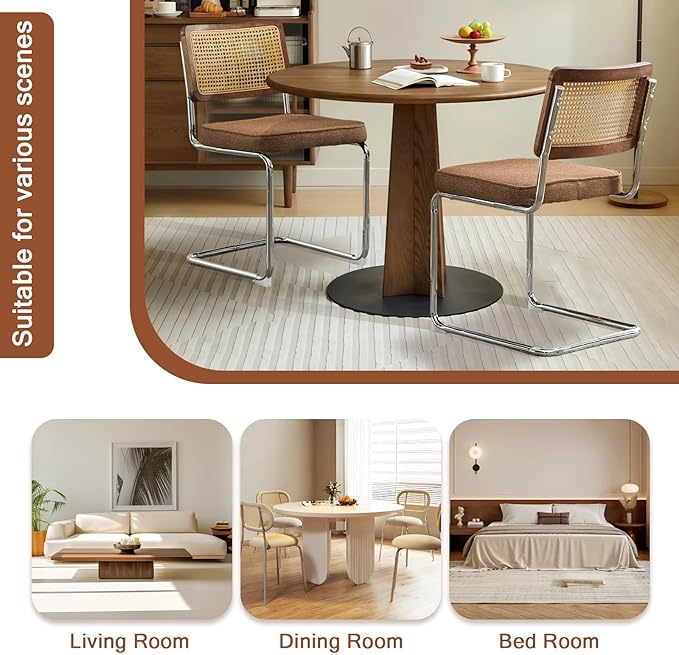 Rattan Back Linen Dining Chair Set of 6 Modern Stainless Chrome Base Armless Upholstered Side Chair for Dining Room, Kitchen Island,Coffee