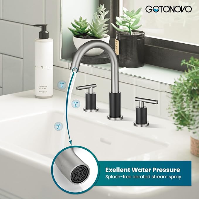 gotonovo 3 Hole 2 Handles Lavatory Basin Bathroom Sink Faucet with Pop Up Drain with Hot and Cold Mixer Valves 8 Inch Widespread Bathroom Faucet Black & Brushed Nickel