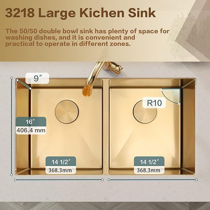 LQS Gold Kitchen Sink, 32 Inch Kitchen Sink Gold Double Bowl, Undermount Kitchen Sink 16 Gauge Stainless Steel with Golden Accessories, Modern Style
