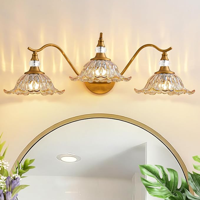 Vintage Bathroom Vanity Light Fixtures - 3 Light Antique Brass Bathroom Lights Fixture Over Mirror with Amber Flower Glass,Retro Brushed Gold Bronze Wall-Mounted Vanity Lighting for Powder Room