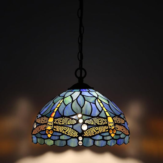 Tiffany Pendant Light Plug-in Stained Glass Hanging Lamp 12”x12”x181” Blue Dragonfly Swag Light Vintage Lamp Decorative Lighting for Dining Room Living Room Kitchen Hallway Bedroom