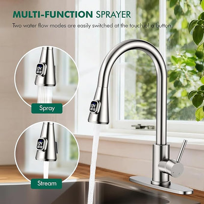 HOMELODY LED Temperature Display Kitchen Faucet with Pull Down Sprayer - Brushed Nickel Single Handle Kitchen Sink Faucet, High Arc Stainless Steel Design for RV Laundry Farmhouse Bar