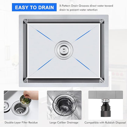 20 x 16 Inch Undermount Kitchen Sink - MENATT 18 Gauge Stainless Steel Handmade Single Bowl Kitchen Sink 6 inch Deep Basin Bowl, Brushed
