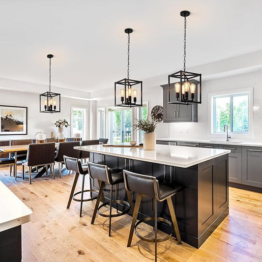 Black Chandelier Dining Room Light Fixtures,4-Light Farmhouse Chandelier Metal Cage Hanging Pendant Lighting Adjustable Height,Industrial Hanging Lights for Kitchen Island Dining Room Hallway Foyer