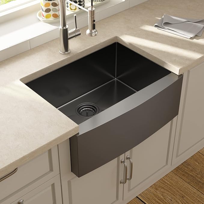 Lordear 28 Inch Black Farmhouse Sink Apron Front 16 Gauge Stainless Gunmetal Black Single Bowl Farmhouse Kitchen Sinks 28x21 Inch Barn Farm Sink