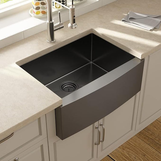 Lordear 28 Inch Black Farmhouse Sink Apron Front 16 Gauge Stainless Gunmetal Black Single Bowl Farmhouse Kitchen Sinks 28x21 Inch Barn Farm Sink