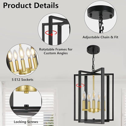 LynPon 12.4"" Black and Gold Chandelier, 5-Light Modern Chandelier for Foyer, Farmhouse Ceiling Light Fixtures Hanging Light for Dining Room, Kitchen, Living Room, Bedroom, Hallway, Stairway, Entryway
