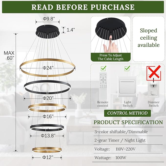 LED 5-Ring Chandelier Modern Vintage Gold Chandelier with Remote Control High Ceiling Foyer Chandeliers Light Brass Circle Round Chandeliers for Living Room Entry Motel,100W