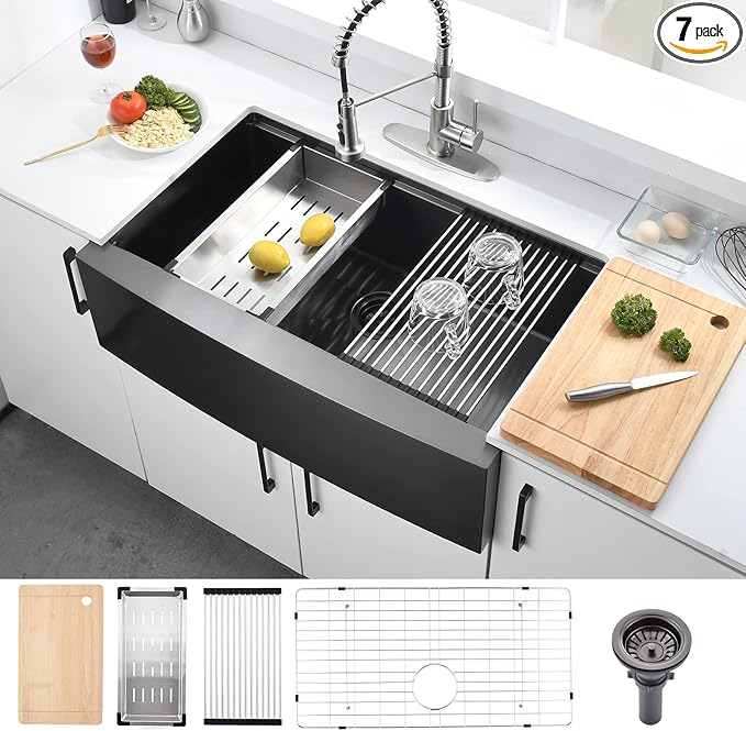 Loftus 33 Inch Matte Black Apron Front Workstation Sink - Stainless Steel 16 Gauge Single Bowl Farm Sink, Gunmetal Black
