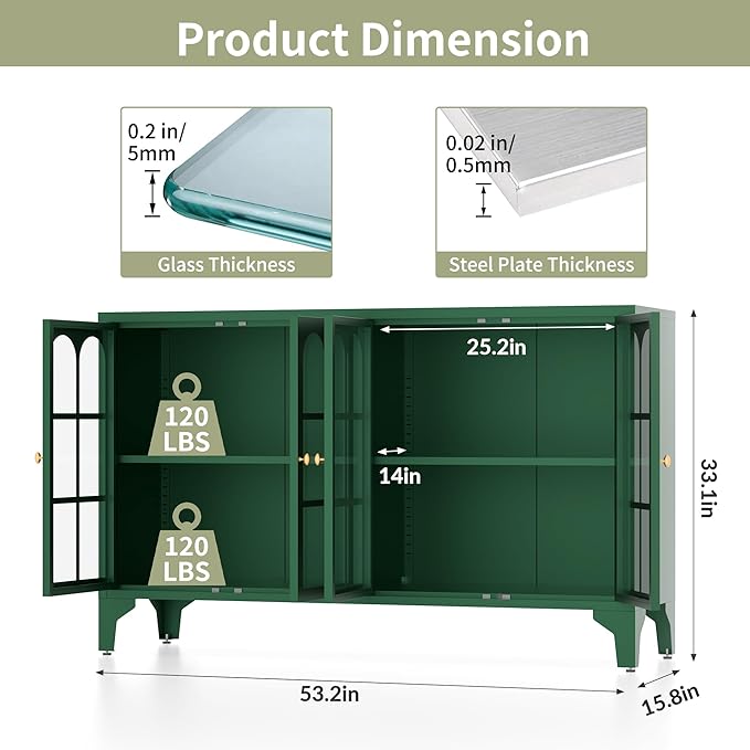Foreate Sideboard Buffet Cabinet with Glass Door & LED Light, 53.2" Large Buffet Cabinet with Storage & Adjustable Shelf, Farmhouse Sideboard Credenzas Metal Kitchen Buffet, Green