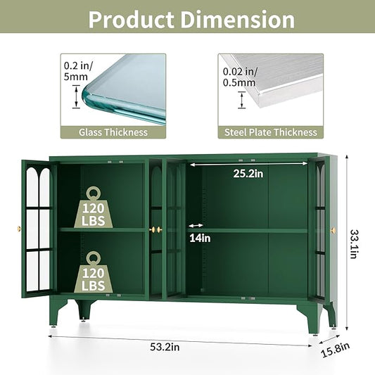 Foreate Sideboard Buffet Cabinet with Glass Door & LED Light, 53.2" Large Buffet Cabinet with Storage & Adjustable Shelf, Farmhouse Sideboard Credenzas Metal Kitchen Buffet, Green