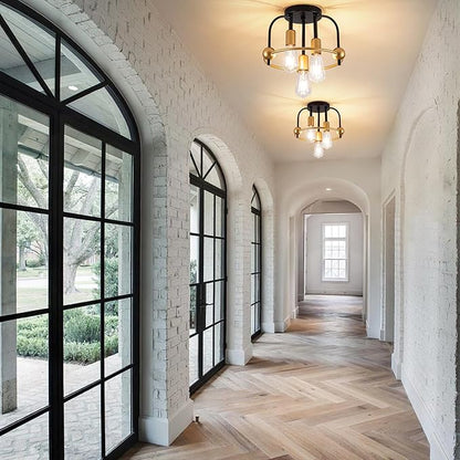 3 Light Industrial Ceiling Light Black Gold Semi Flush Mount Lights Close to Ceiling Light Fixtures,cage design Farmhouse Ceiling Lighting for Kitchen Bedroom Bathroom Foyer Hallway (E26, 1Pack)