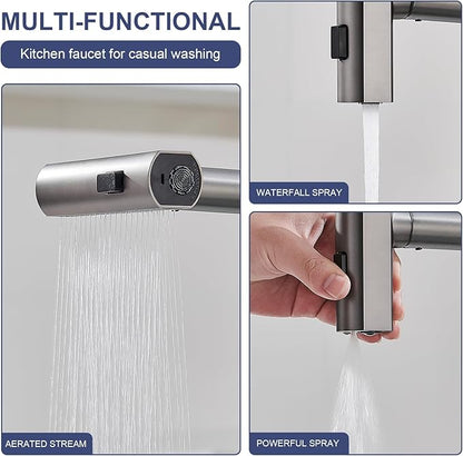 AVSIILE Touchless Kitchen Faucets with Pull Down Sprayer & Soap Dispenser, Waterfall Single Hole & Handle, Pull Out Sink Faucet in Gray, Suitable for Farmhouse Camper Laundry Rv Bar