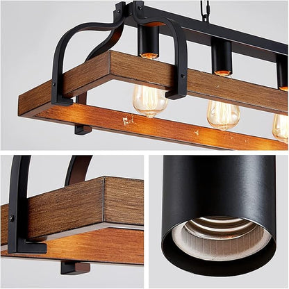 WUZUPS 4-Light Metal Pot Hanging Rack Chandelier Imitation Wood Grain Linear Pendant Ceiling Lighting Rustic Farmhouse Fixture Kitchen Island Dining Room, H 9.8" x L 34.6" x W11.8, E26 Base, Black