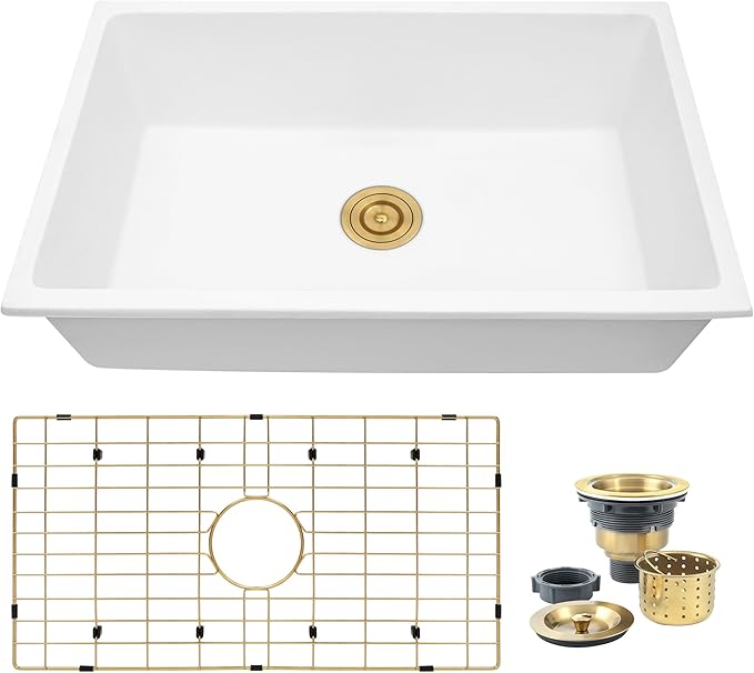 Rhbamoa 32 Inch White Undermount Kitchen Sink,White Granite Composite Kitchen Sink 32''x18'',10 Inch Depth Single Bowl Quartz Sinks with Accessories