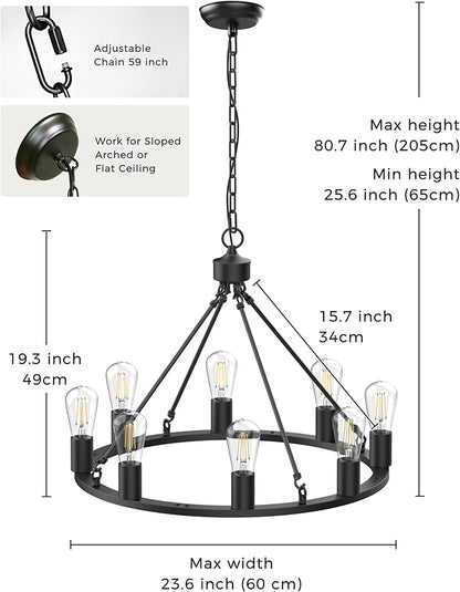 L LOHAS LED Black Farmhouse Chandeliers for Dining Room, 8-Light Wagon Wheel Chandelier Over Table, Height Adjustable, 24" Dining Room Light Fixtures, Modern Chandelier for Kitchen Island Living Room