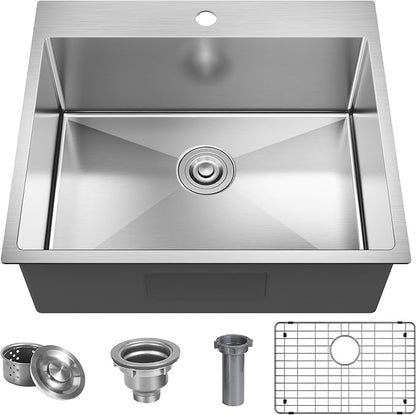 25 x 22 Inch Drop In Kitchen Sink, Single Bowl Kitchen Sink Topmount Prep Sink 18 Gauge Stainless Steel Kitchen Sink with Grid and Basket Strainer