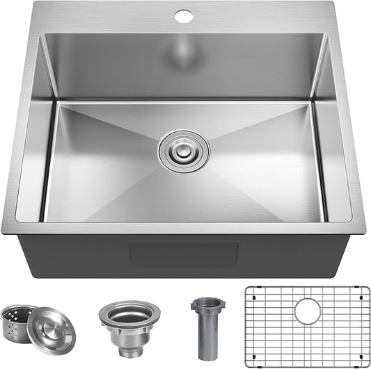 25 x 22 Inch Drop In Kitchen Sink, Single Bowl Kitchen Sink Topmount Prep Sink 18 Gauge Stainless Steel Kitchen Sink with Grid and Basket Strainer