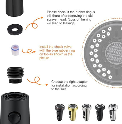 TIORIY Kitchen Faucet Head Replacement Black, with 15 Adapters Plastic Pull Down Faucet Spray Head, 3 Modes Pull Out Kitchen Sink Sprayer Nozzle, Matte Black