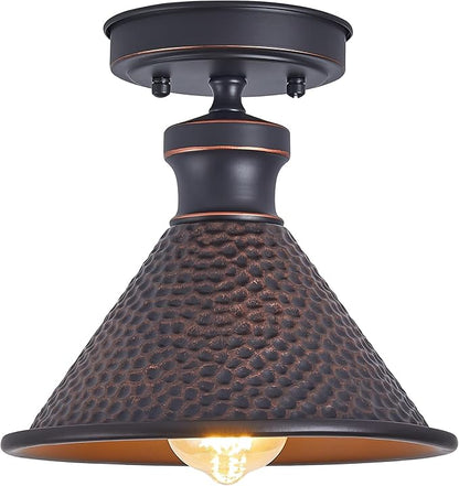 Tarentlight 9.2" Industrial Semi Flush Mount Ceiling Light,Vintage Hammered Pattern Cast Aluminum Shade,1-Light E26 Classic Lamp,Oil Rubbed Bronze Farmhouse Lighting for Hallway Kitchen Entryway.