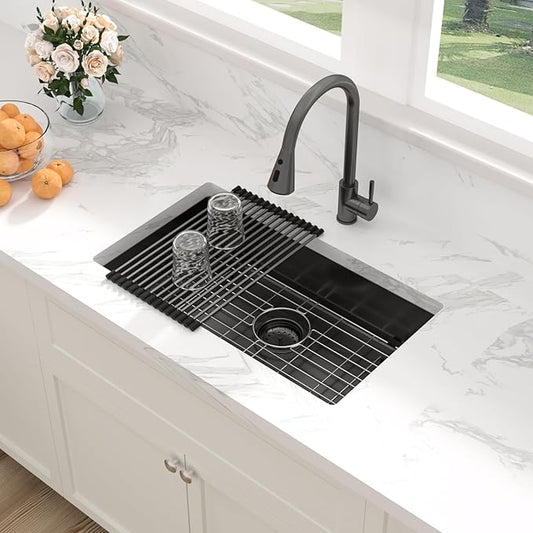 Sarlai ADA Black Kitchen Sink - 27 Inch Undermount Kitchen Sink Gunmetal Black 6-Inch Low Depth ADA Compliant Single Bowl 16 Gauge Stainless Steel 27x16 Inch Under Mount Handmade Sinks Basin
