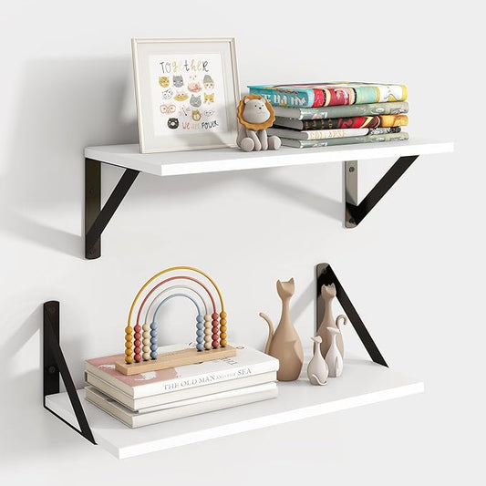 Axeman White Floating Shelves for Wall, 8 Inch Deep Wall Shelves Set of 2, 16''W x 8''D White Wood Shelves for Bookshelf Living Room Bedroom Home Office Bathroom