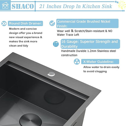 SHACO 21 Inch Black Drop In Kitchen Sink, 21x20 Inch Gunmetal Black Top Mount 16 Gauge Stainless Steel Single Bowl Workstation RV Small Kitchen Outdoor Laundry Wet Prep Sink with Accessories