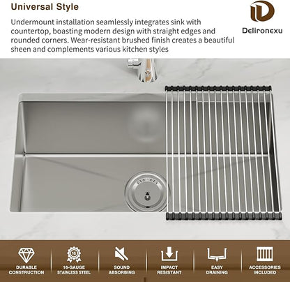 30 Inch Undermount Kitchen Sink - Delironexu 16 Gauge Stainless Steel Handmade Single Bowl Kitchen Sinks with Brushed Finish and Accessories, Modern Sink,30"x18"x9"