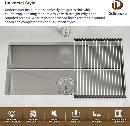 30 Inch Undermount Kitchen Sink - Delironexu 16 Gauge Stainless Steel Handmade Single Bowl Kitchen Sinks with Brushed Finish and Accessories, Modern Sink,30"x18"x9"