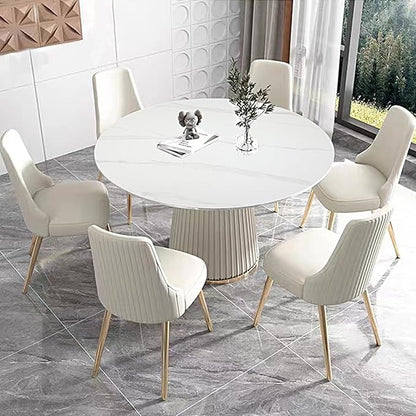White Sintered Stone Round Dining Table 53 Inch, Durable Scratch Resistant Kitchen Table Seats 4-6, Contemporary Metal & Wood Leg Design, Easy Care Stain Free Circle Dining Table Set