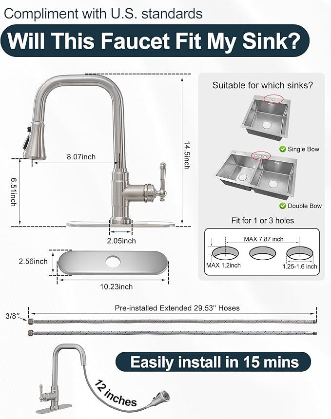 Brushed Nickel Kitchen Faucet with Sprayer, 3 Modes Pull Down Kitchen Sink Faucets, 304 Stainless Steel Suit 3 Hole or 1 Hole with Deck Plate & Pipes
