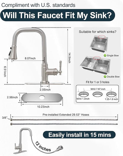Brushed Nickel Kitchen Faucet with Sprayer, 3 Modes Pull Down Kitchen Sink Faucets, 304 Stainless Steel Suit 3 Hole or 1 Hole with Deck Plate & Pipes