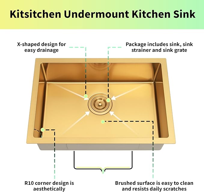 Kitsitchen Gold Ktichen Sink,Gold Undermount RV Kitchen Sink with Strainer & Bottom Gird, 27" x 16" x 7" Stainless Steel Single Bowl Kitchen Sinks Used at RV, Outdoor,Bathroom