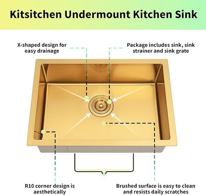 Kitsitchen Gold Ktichen Sink,Gold Undermount RV Kitchen Sink with Strainer & Bottom Gird, 27" x 16" x 7" Stainless Steel Single Bowl Kitchen Sinks Used at RV, Outdoor,Bathroom