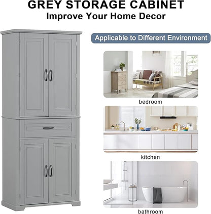 Storage Cabinet with 4 Doors and Drawers, 72.2" H Kitchen Cabinet with 6 Door Shelves, Kitchen Storage Cabinets with Adjustable Shelves for Living Room, Gray